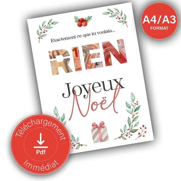 Cadeau argent noël "RIEN" affiche message surprise pour billets à offrir - a imprimer