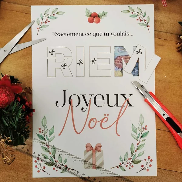 Cadeau argent noël "RIEN" affiche message surprise pour billets à offrir - a imprimer
