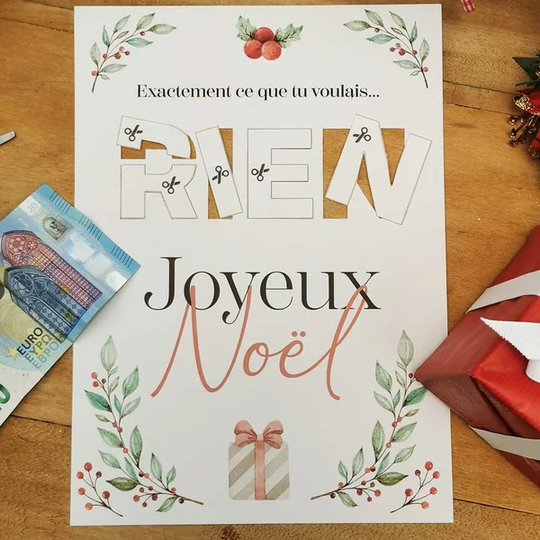 Cadeau argent noël "RIEN" affiche message surprise pour billets à offrir - a imprimer