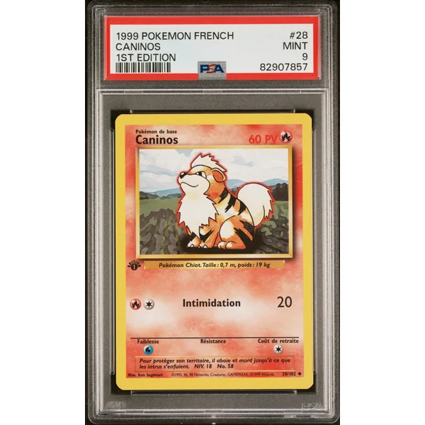 Carte Pokémon Caninos ED1 28/102 Set de base PSA 9