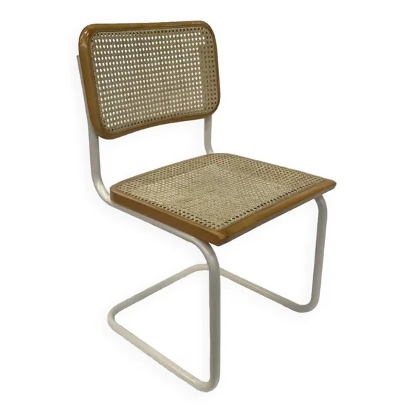 Chaise Cesca modèle b32 en blanc et bois par Marcel Breuer