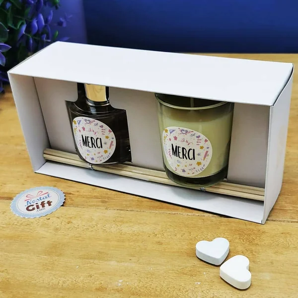 Coffret cadeau - Set de diffuseur de parfum + Bougie - "Merci" floral