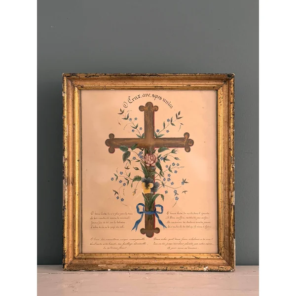 Croix fleurie, aquarelle religieuse XIXème
