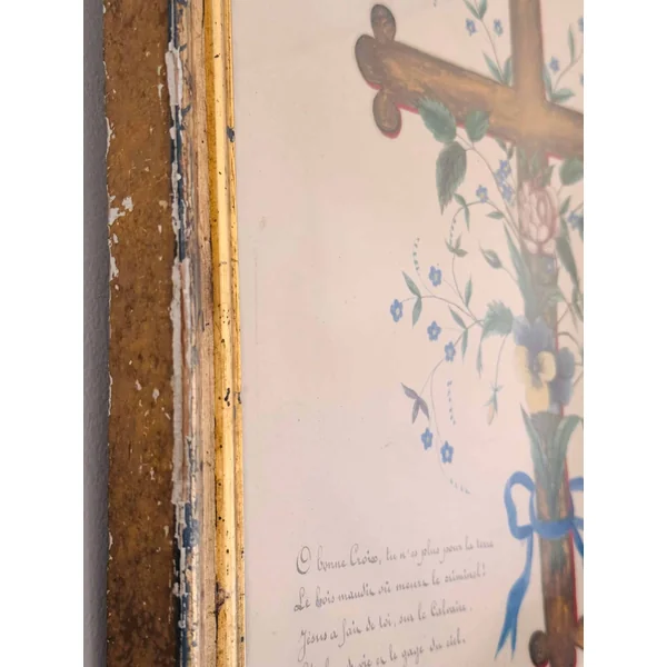 Croix fleurie, aquarelle religieuse XIXème