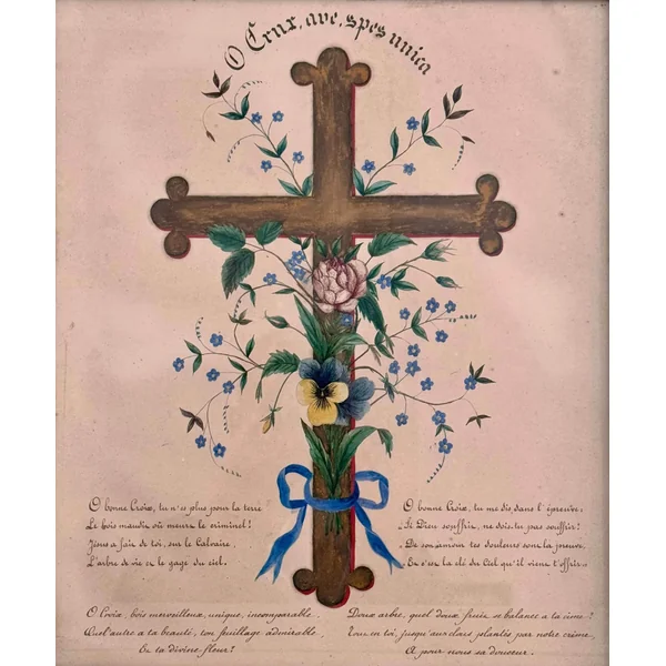 Croix fleurie, aquarelle religieuse XIXème