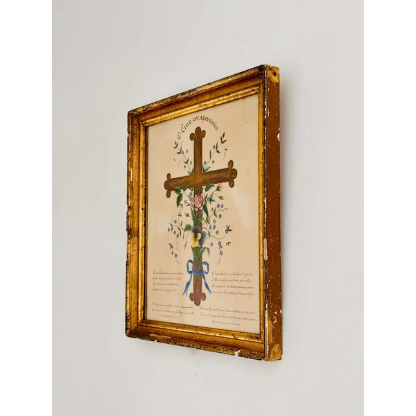 Croix fleurie, aquarelle religieuse XIXème
