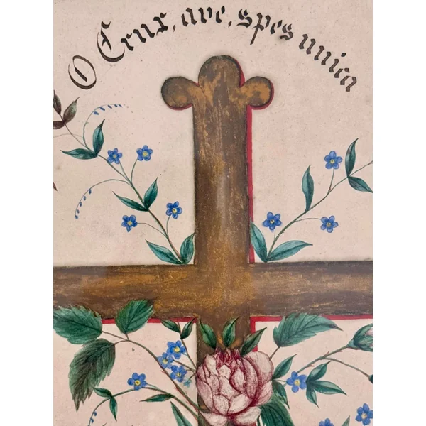 Croix fleurie, aquarelle religieuse XIXème