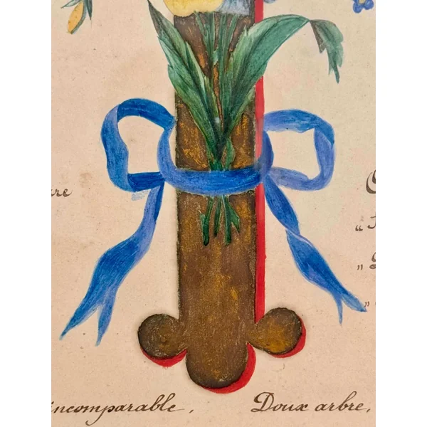 Croix fleurie, aquarelle religieuse XIXème