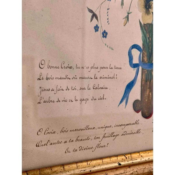 Croix fleurie, aquarelle religieuse XIXème