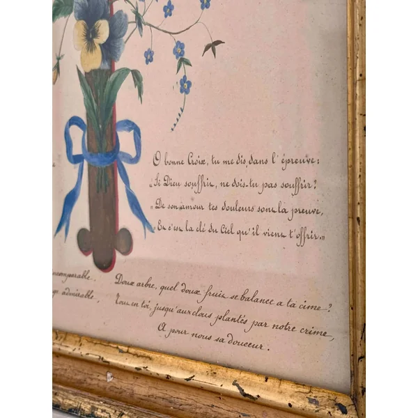 Croix fleurie, aquarelle religieuse XIXème