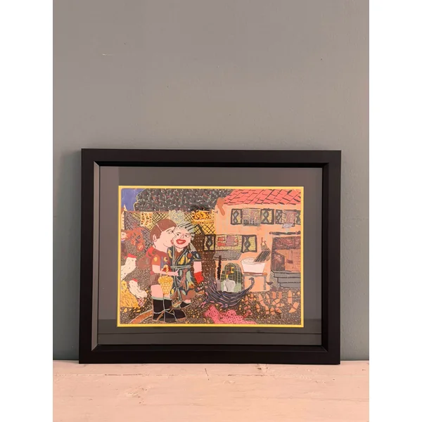 Dessin original à la gouache, couple à la ferme