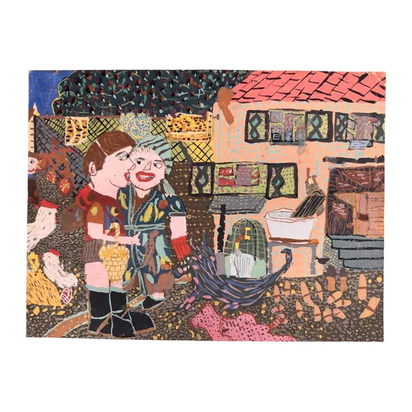Dessin original à la gouache, couple à la ferme