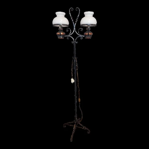 Lampadaire ancien double globe opalin fer forgé Style rustique vintage