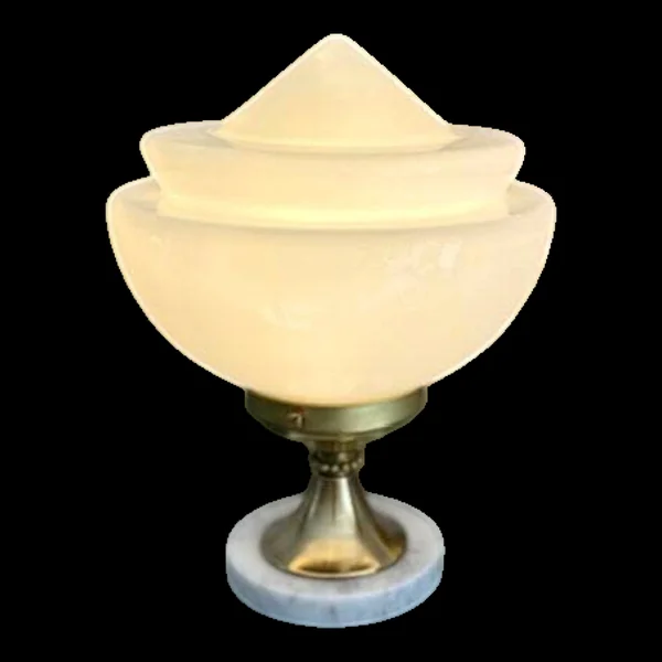 Lampe mid century avec opaline soucoupe blanche