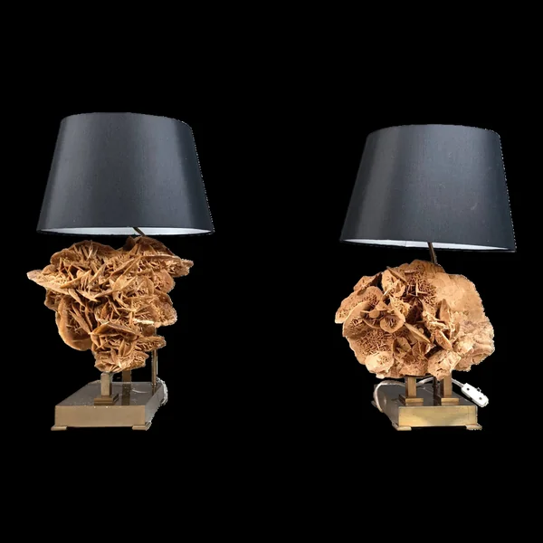 Lampes de table en laiton et pierre rose, années 1970