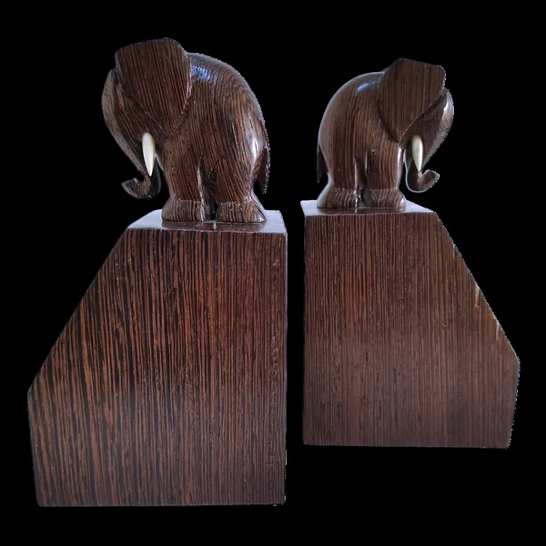 Paire de serre-livres éléphants stylisés bois massif