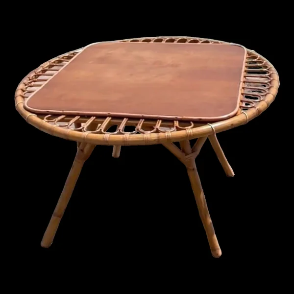 Table basse trampoline en rotin. Travail français. Circa 1950/60